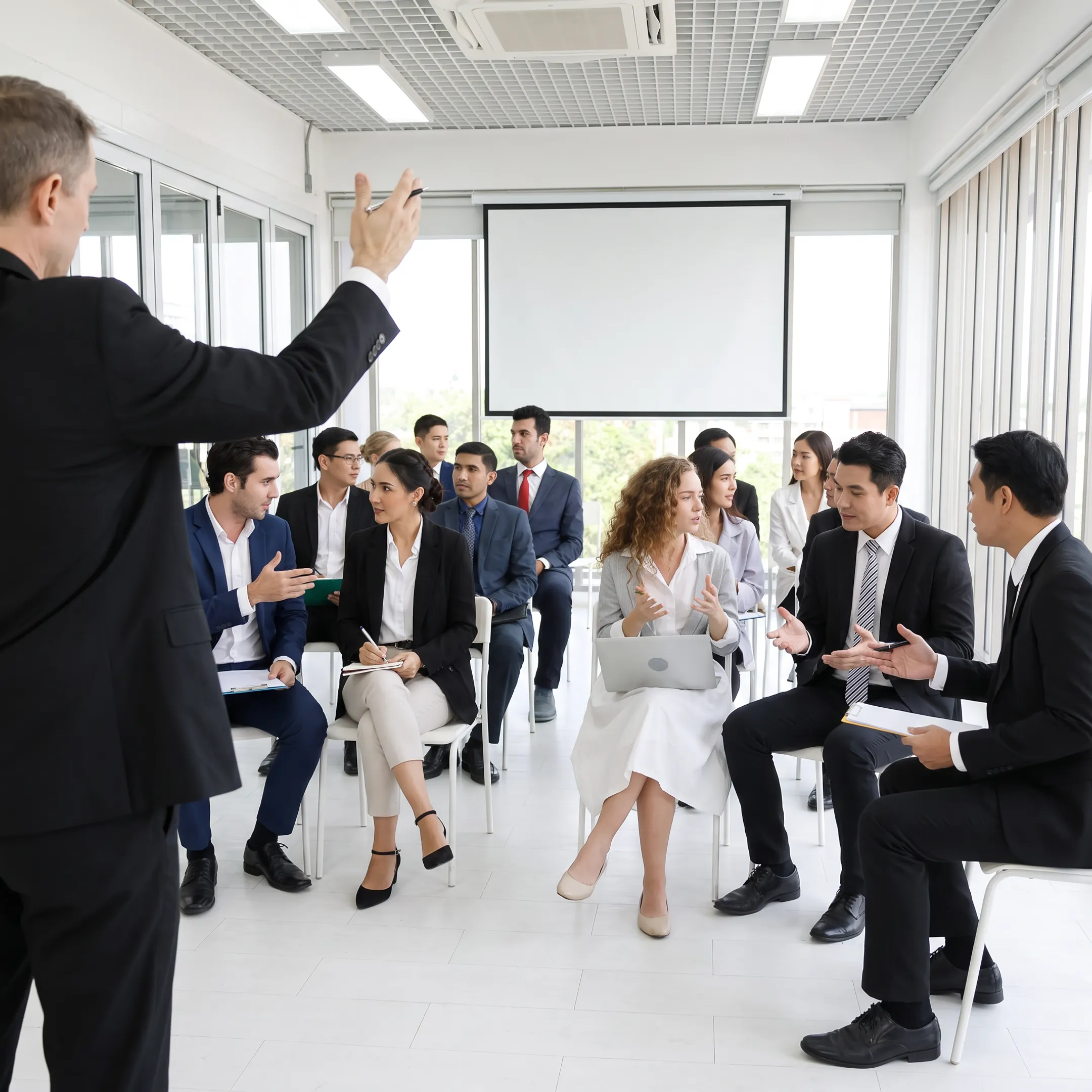Corporate communication workshop in progress with business professionals collaborating