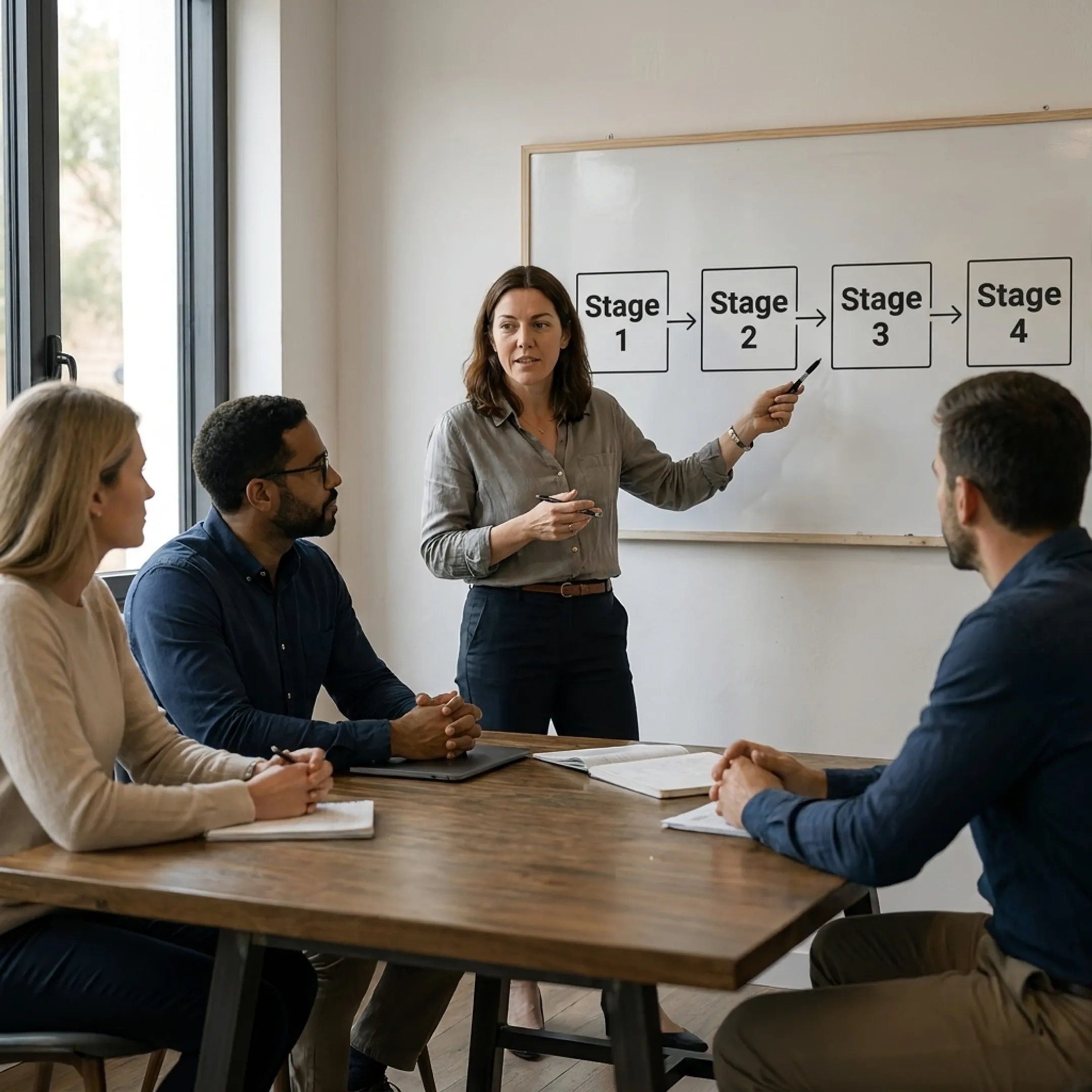 Organizational development consultant presenting a strategic framework on a digital display