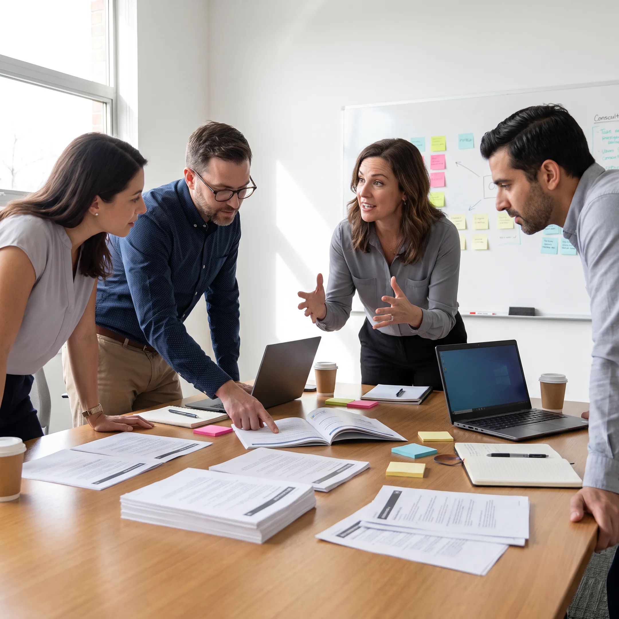Corporate executives collaborating around a conference table during a cultural strategy session