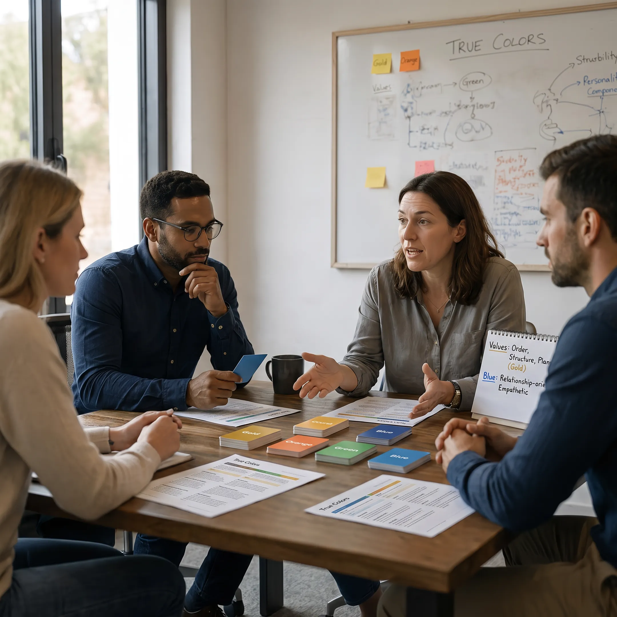 Executive team collaborating in a modern conference room during an organizational culture consulting session.
