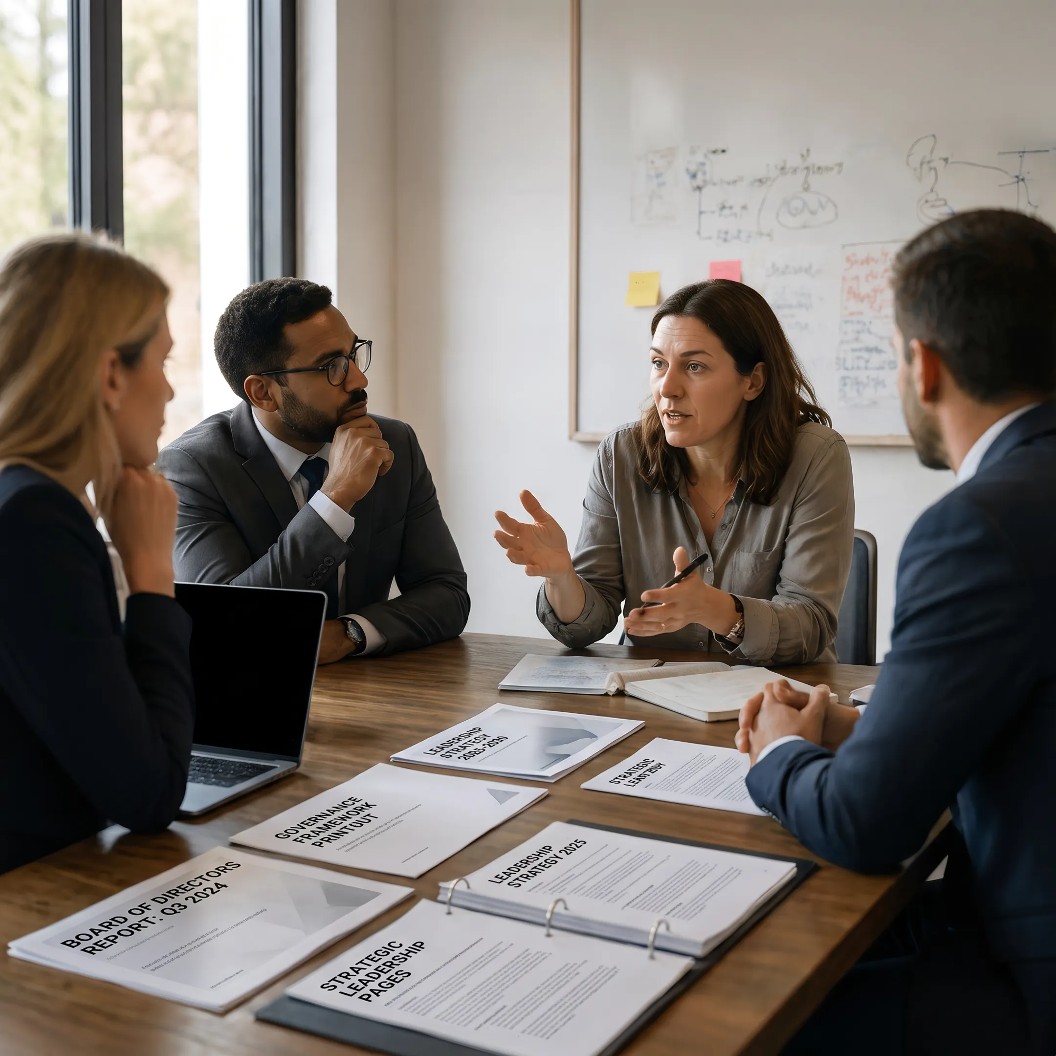 Executive team collaborating in a corporate boardroom during a leadership session