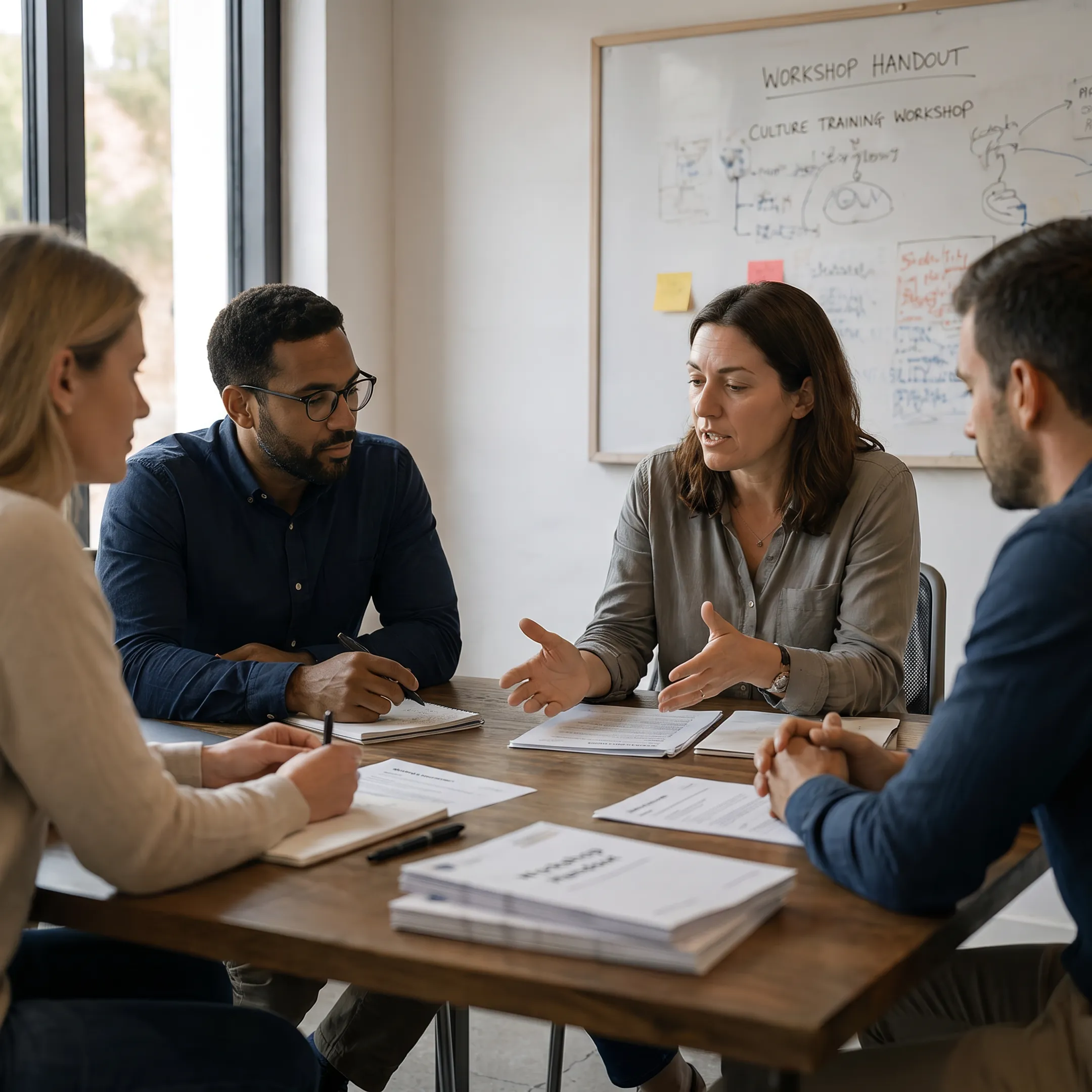 Corporate professionals collaborating during a workplace culture training session