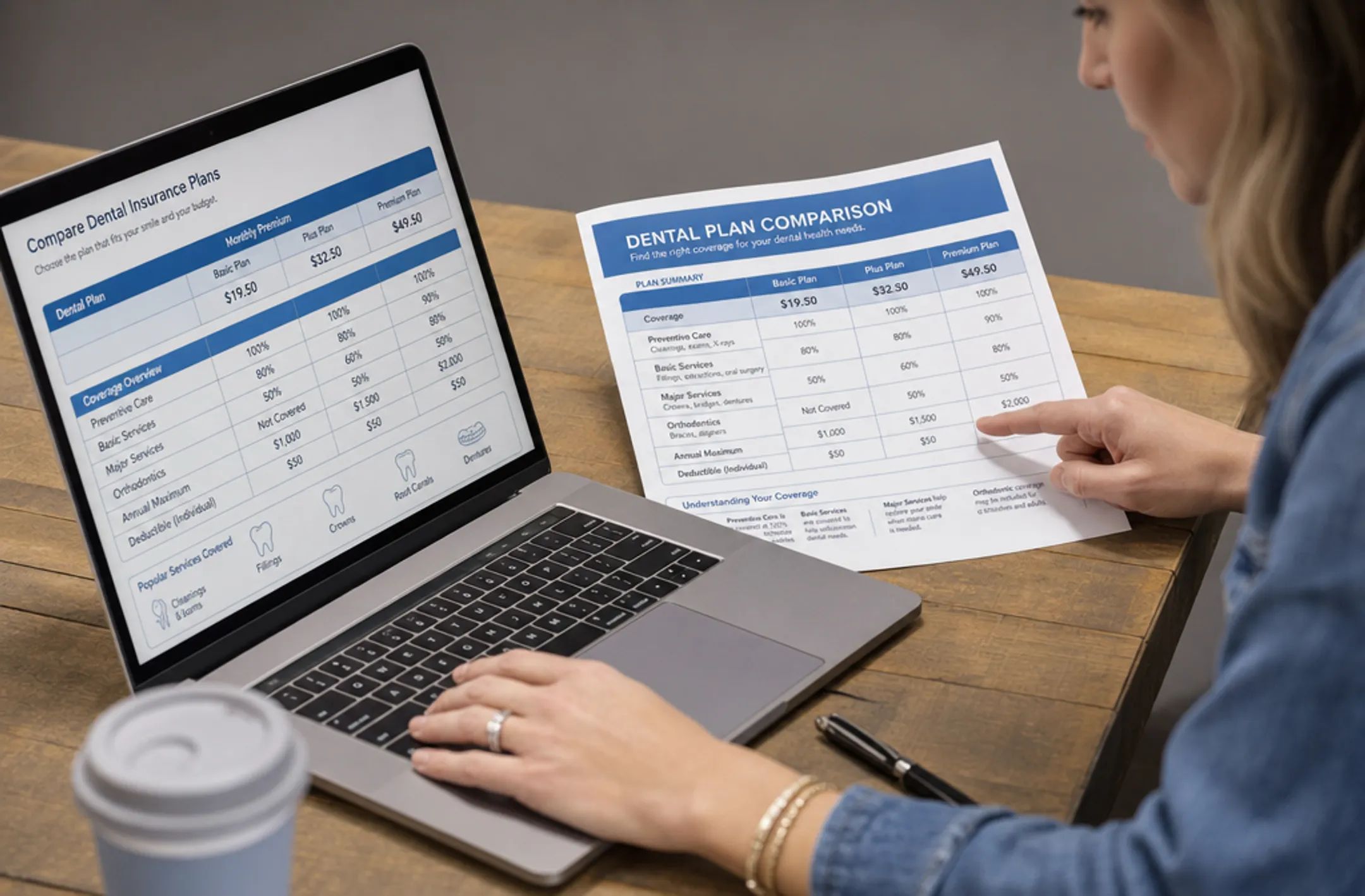 Person reviewing dental insurance plan documents and comparing coverage options