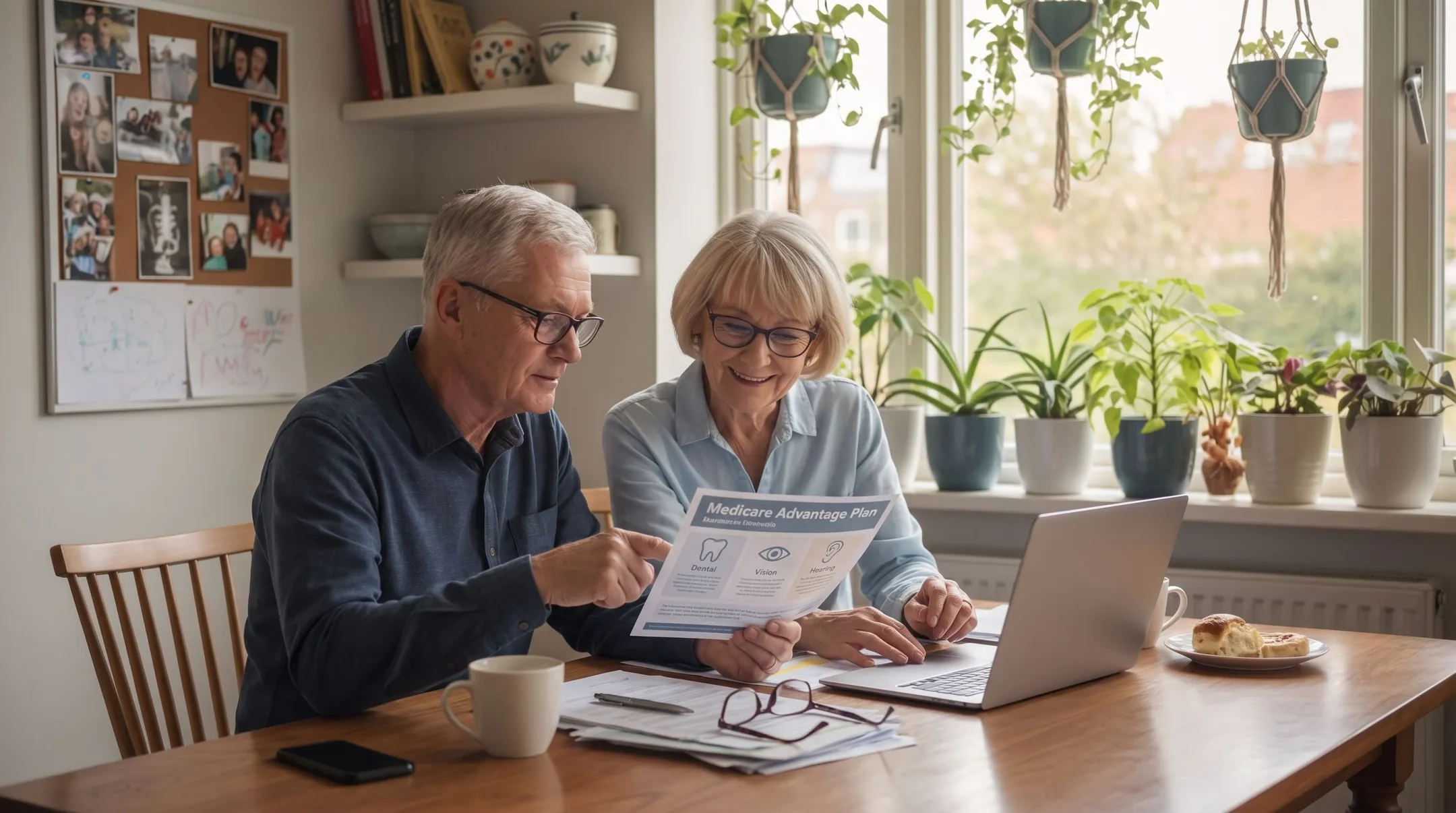 Senior couple reviewing Medicare Advantage dental vision hearing benefits brochure