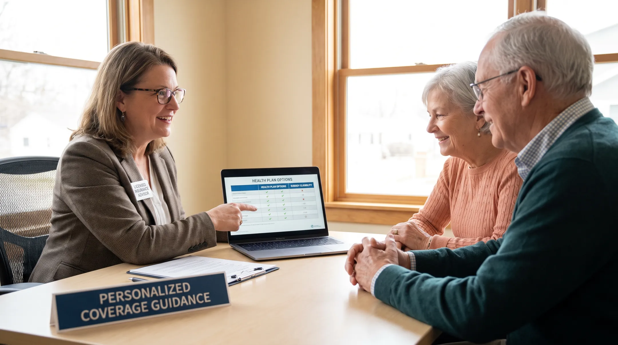 TrueCost Group advisor reviewing subsidy eligibility with client on laptop