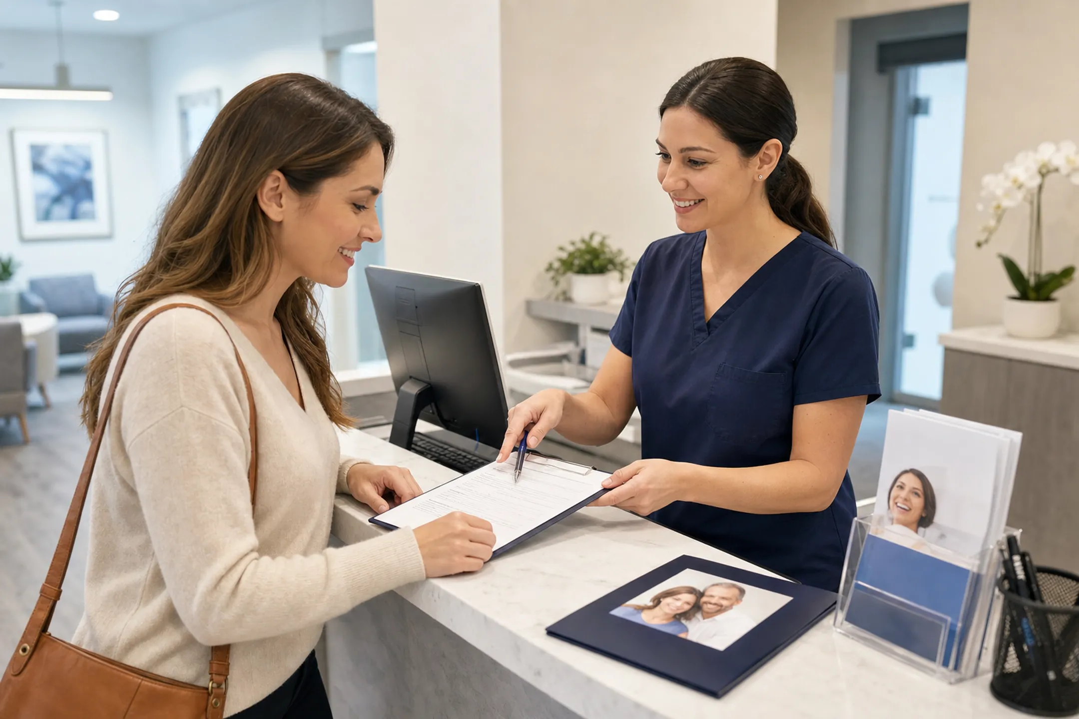 Patient reviewing dental discount plan paperwork at dentist office