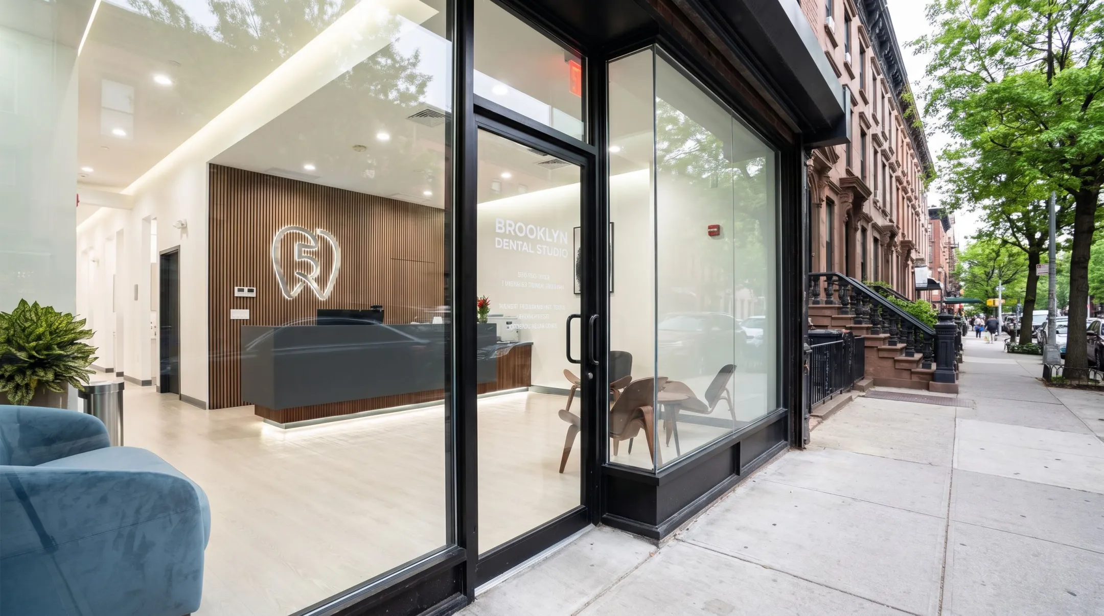 Modern dental office exterior with signage in Brooklyn neighborhood
