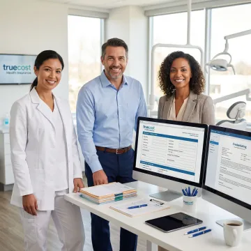 Dental office staff reviewing insurance verification documents and credentials
