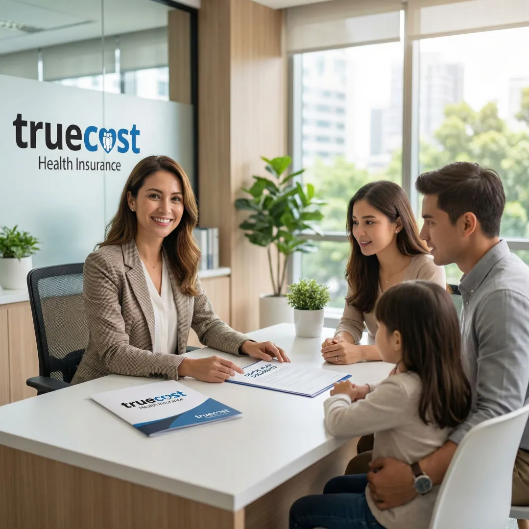 Dental insurance consultation with family reviewing coverage options