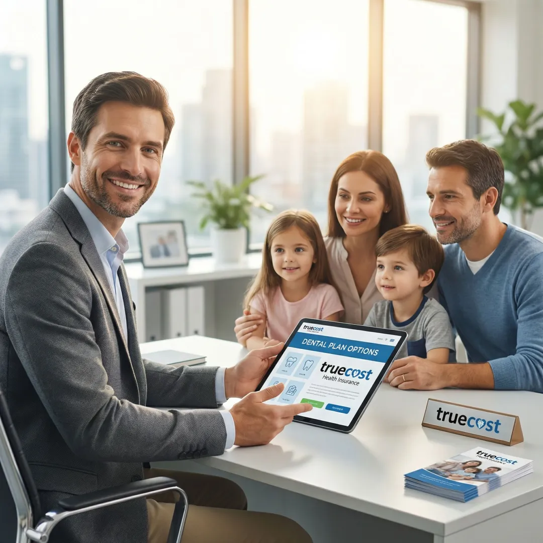 Insurance advisor consulting with family about dental coverage options