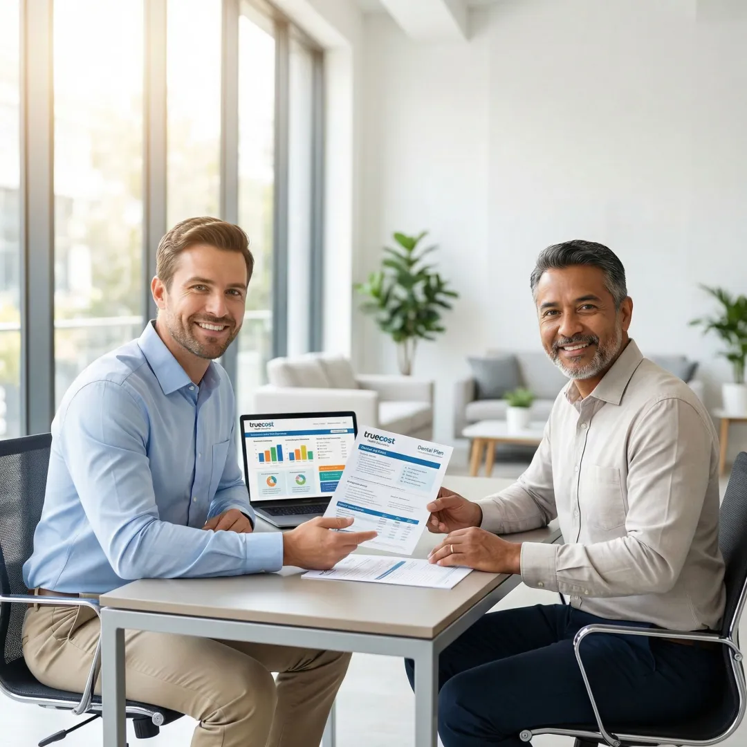 Dental insurance advisor consulting with Greensboro client at modern office