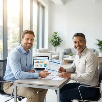 Dental insurance advisor consulting with Greensboro client at modern office