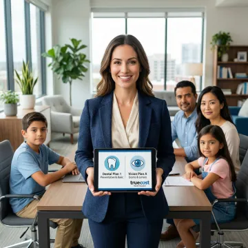 Insurance advisor consulting with family about dental and vision coverage options