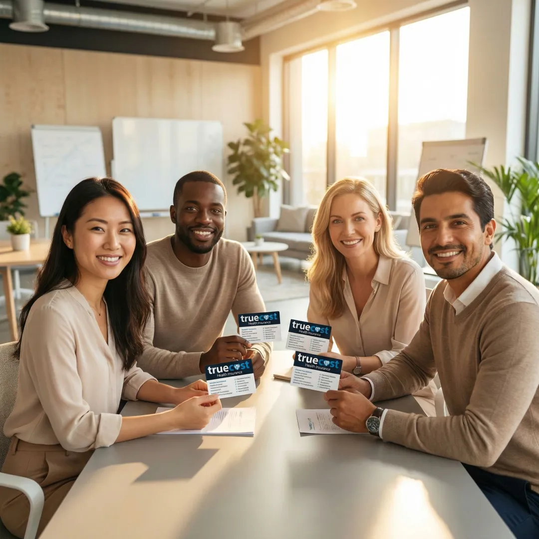 Diverse group of employees smiling and discussing dental benefits