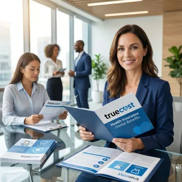 Business team reviewing group dental insurance benefits in modern office setting
