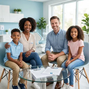 Happy family smiling showing healthy teeth after receiving dental care benefits