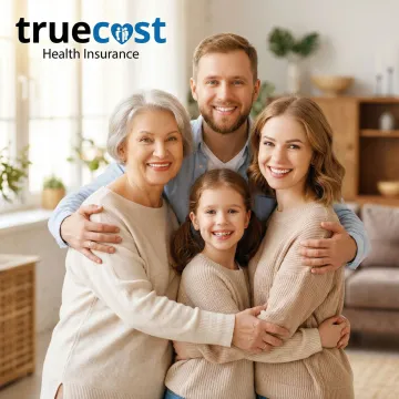 Happy family smiling together showing healthy teeth