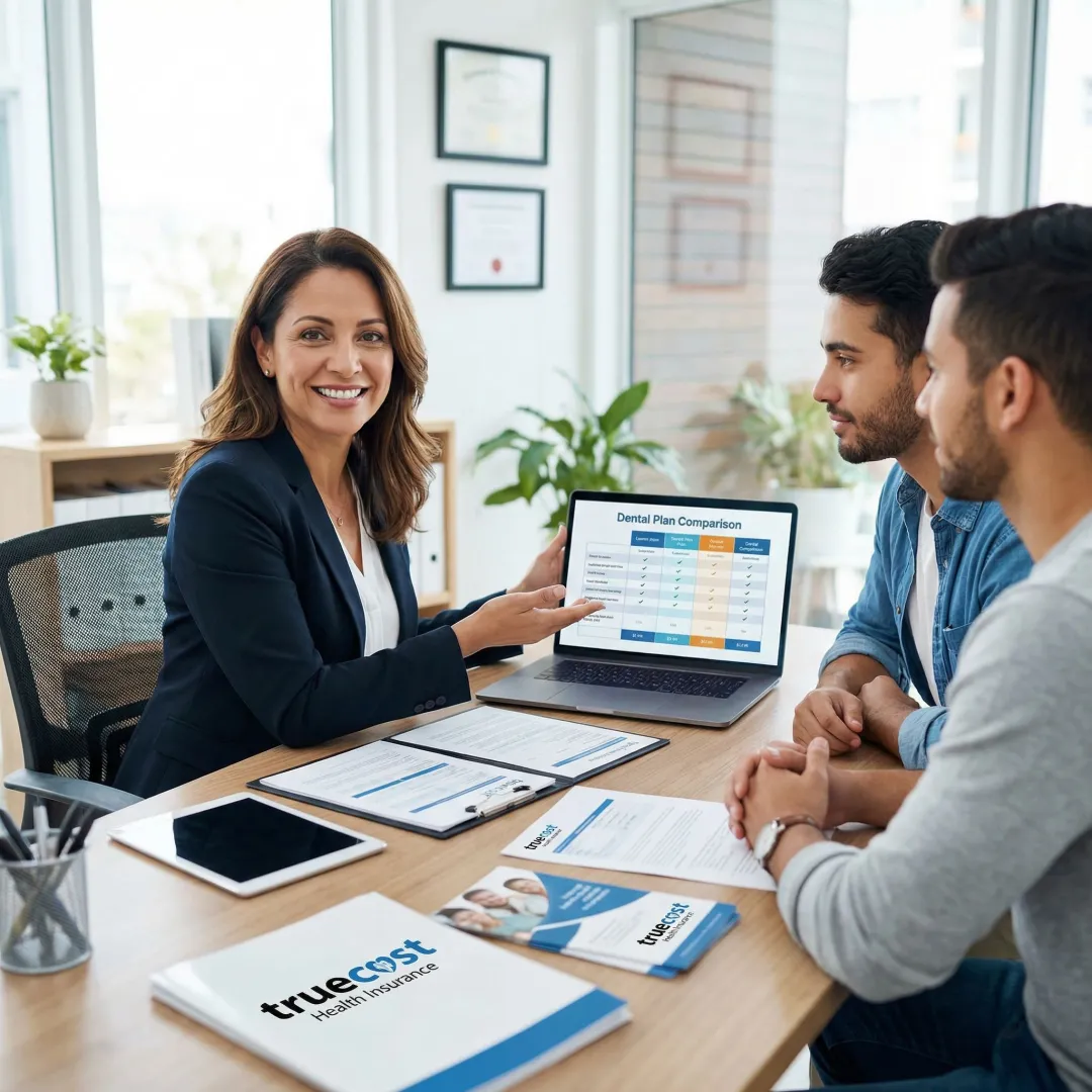 Insurance advisor consulting with Cary family about dental coverage options