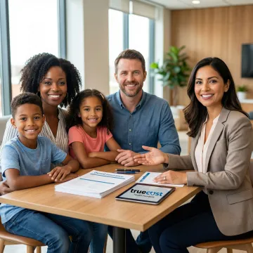 Happy family reviewing dental insurance benefits with advisor