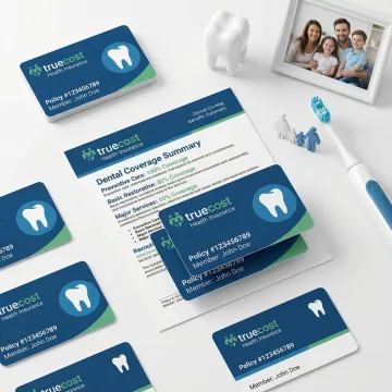 Dental insurance cards and coverage documents with family dental care icons