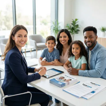 Happy McKinney family reviewing dental insurance options with advisor