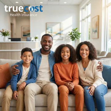 Happy family of four smiling showing healthy teeth at dental office in Fairfax