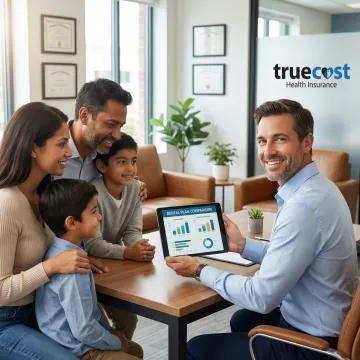 Insurance advisor helping family understand dental coverage options on tablet