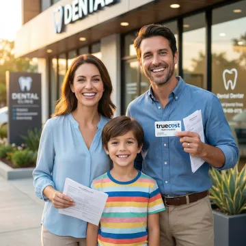 Happy family smiling after successful dental visit with insurance coverage