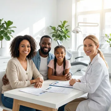 Happy family smiling after dental checkup with insurance paperwork