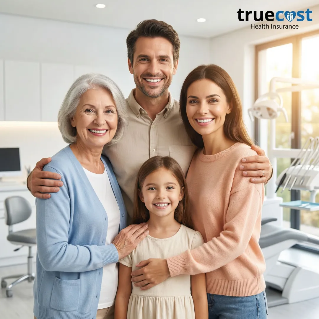 Happy family smiling showing healthy teeth after dental treatment