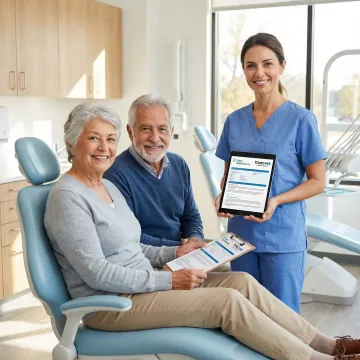 Happy senior couple smiling showing healthy teeth with dental insurance documents