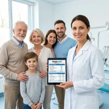 Family receiving dental checkup with insurance coverage benefits chart