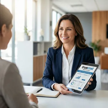 Licensed insurance advisor helping client compare dental plan options on tablet