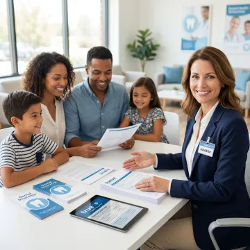 Family smiling with dental insurance documents and healthcare advisor