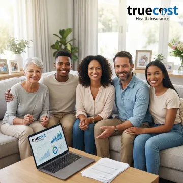 Happy family reviewing health insurance coverage options together