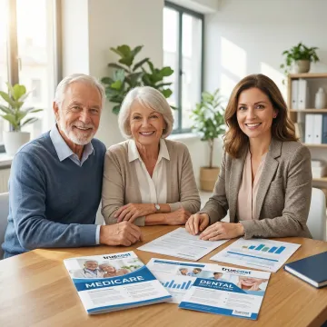 Senior couple reviewing healthcare coverage documents with insurance advisor
