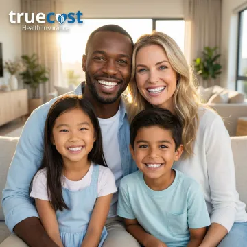 Happy family smiling together showing healthy teeth and confident expressions