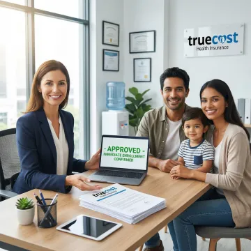 Insurance advisor helping family complete immediate coverage enrollment