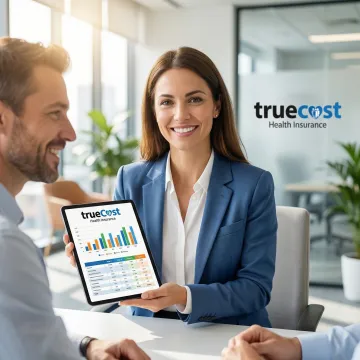 Insurance advisor showing client comparison of health plan options on tablet