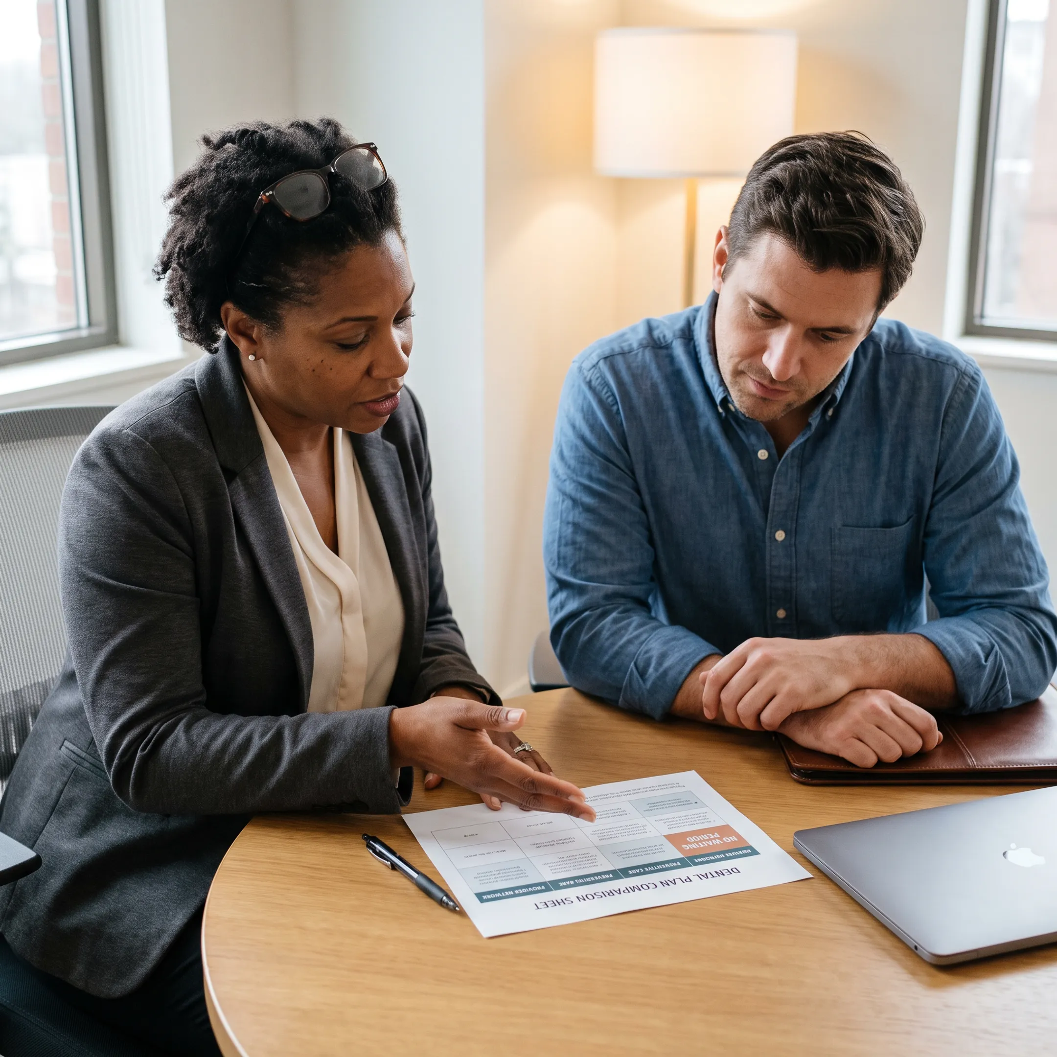 Advisor explaining no-wait dental insurance coverage