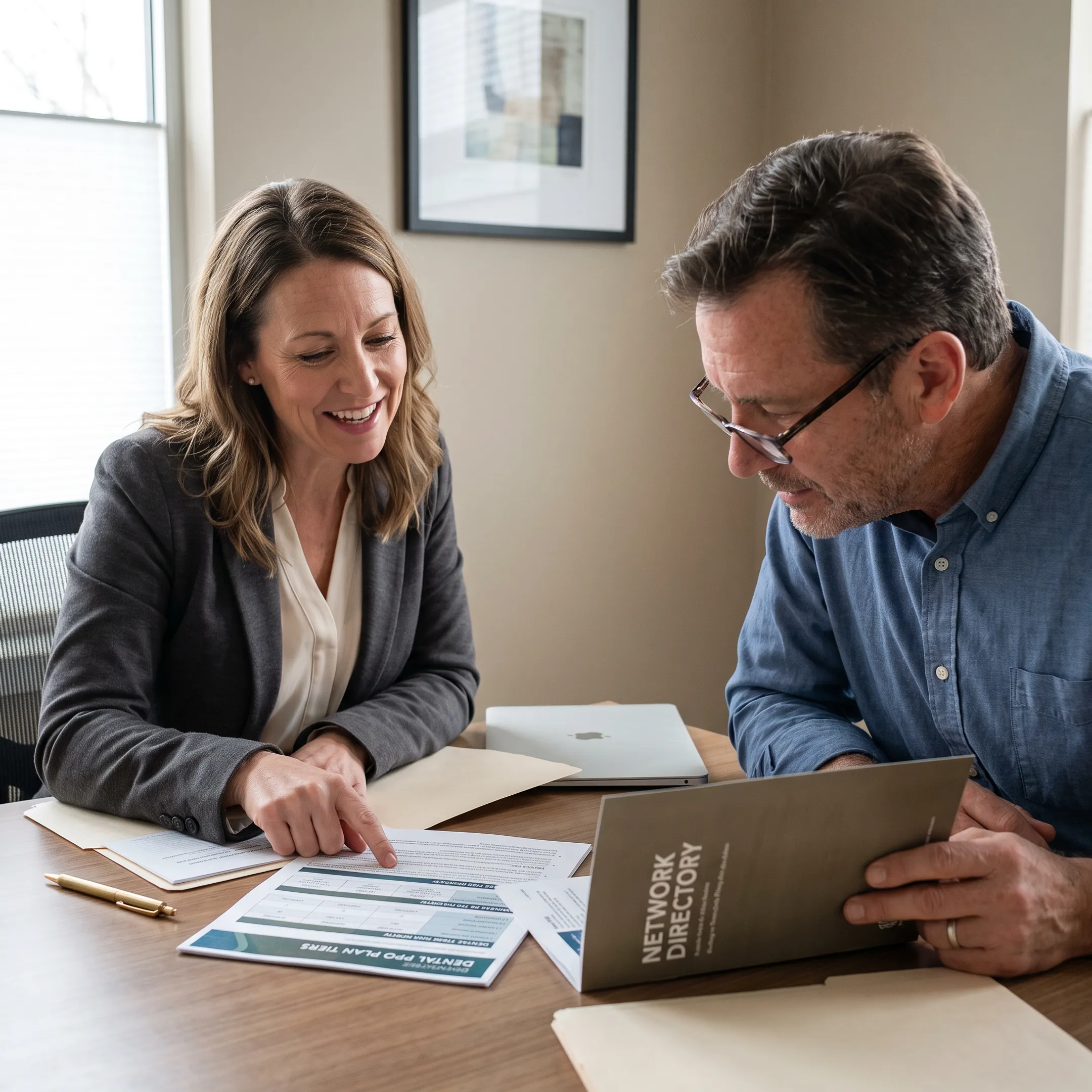 Customer comparing dental insurance plan documents with an advisor