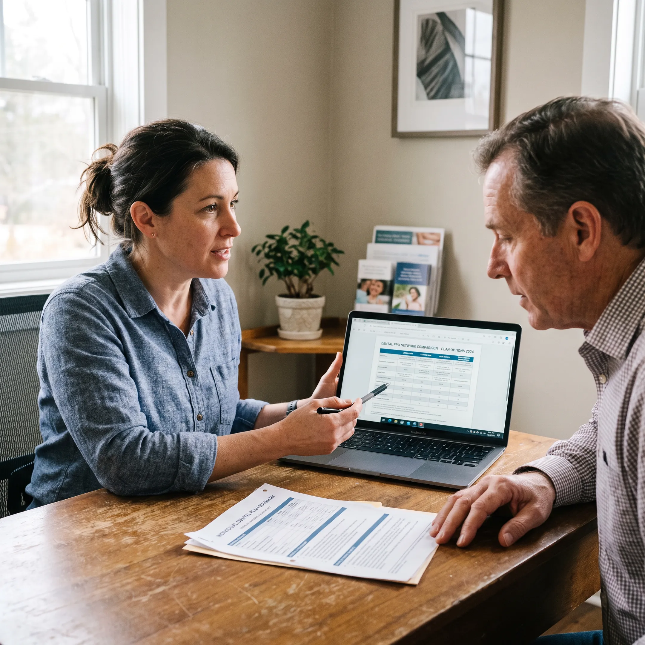 Advisor comparing dental insurance plans on a laptop