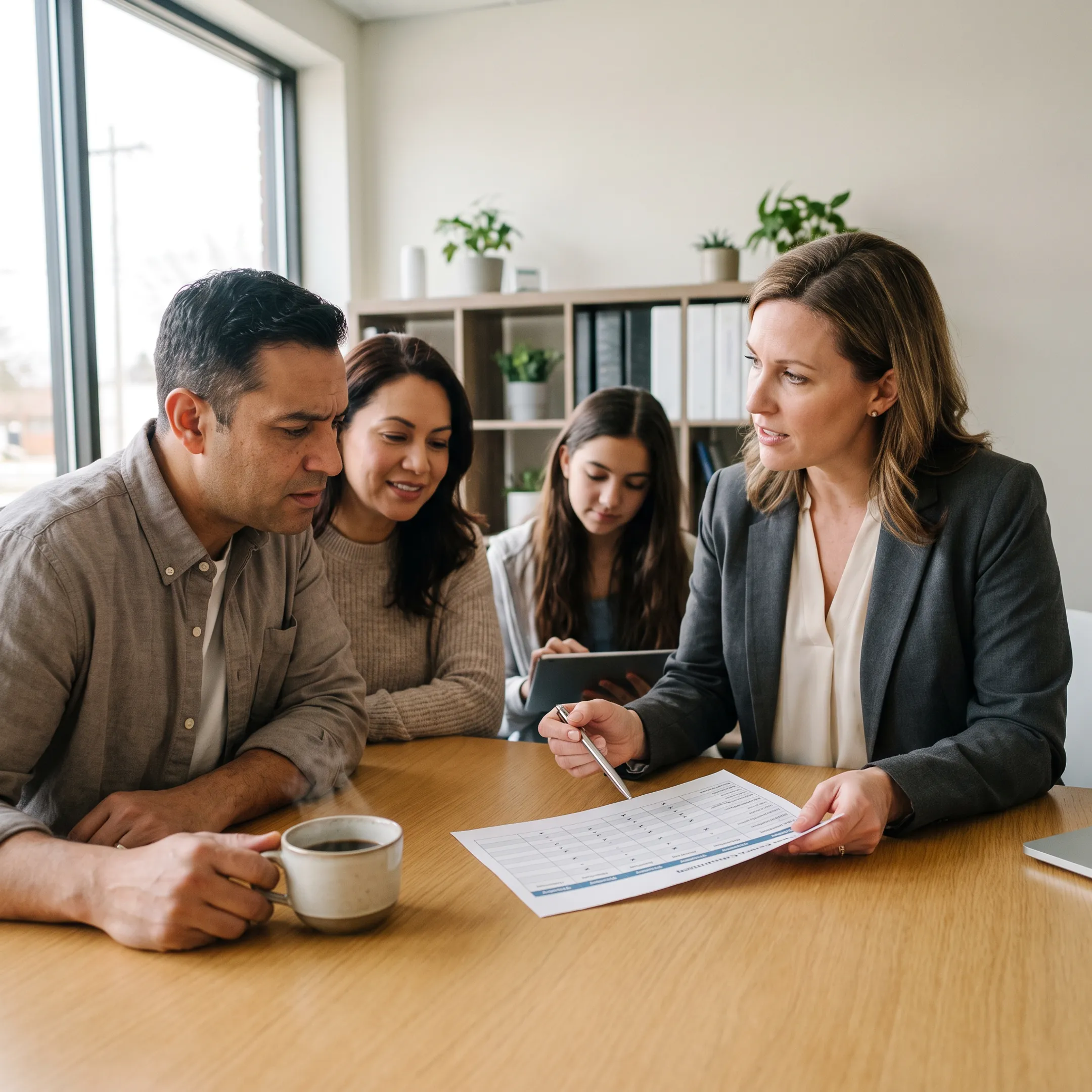 Advisor helping a family compare health insurance plans