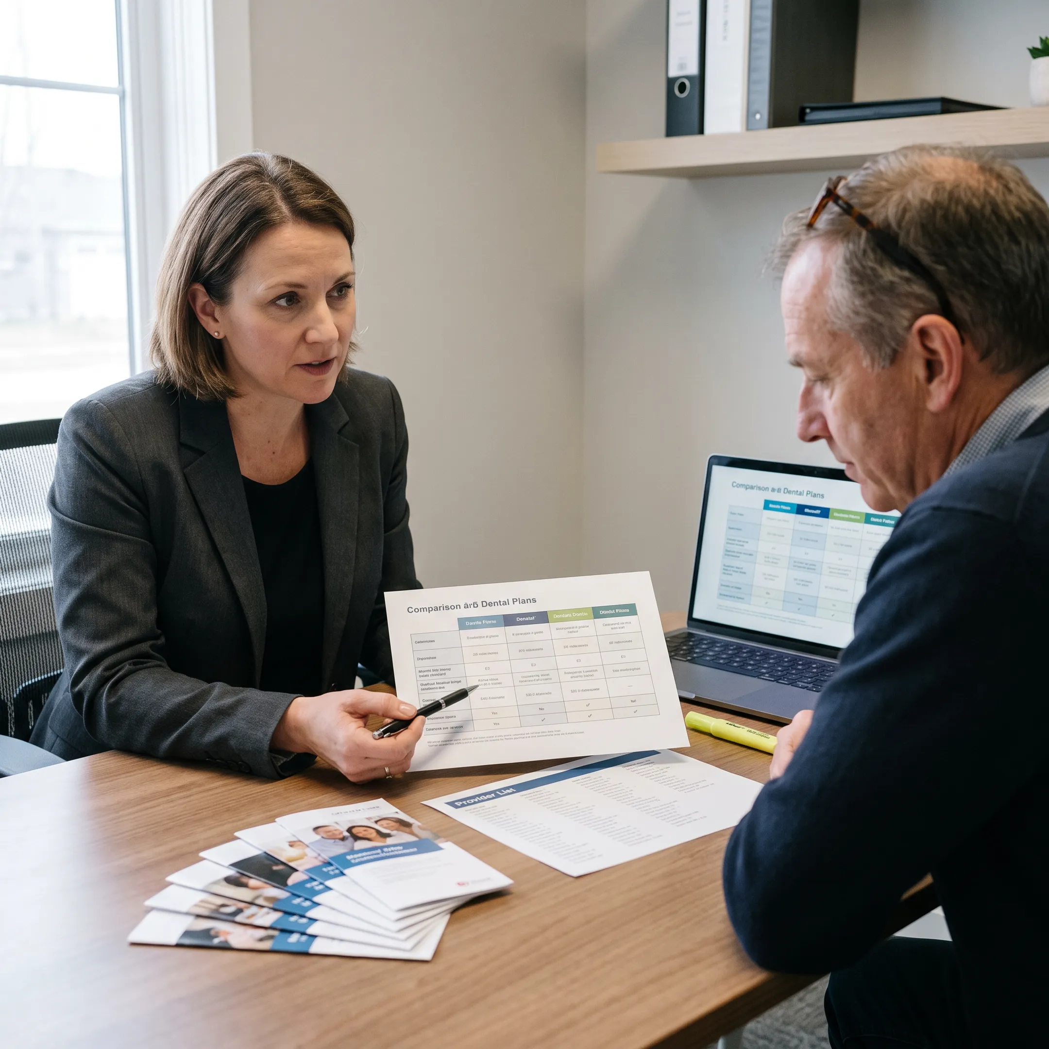 Insurance advisor comparing dental coverage options