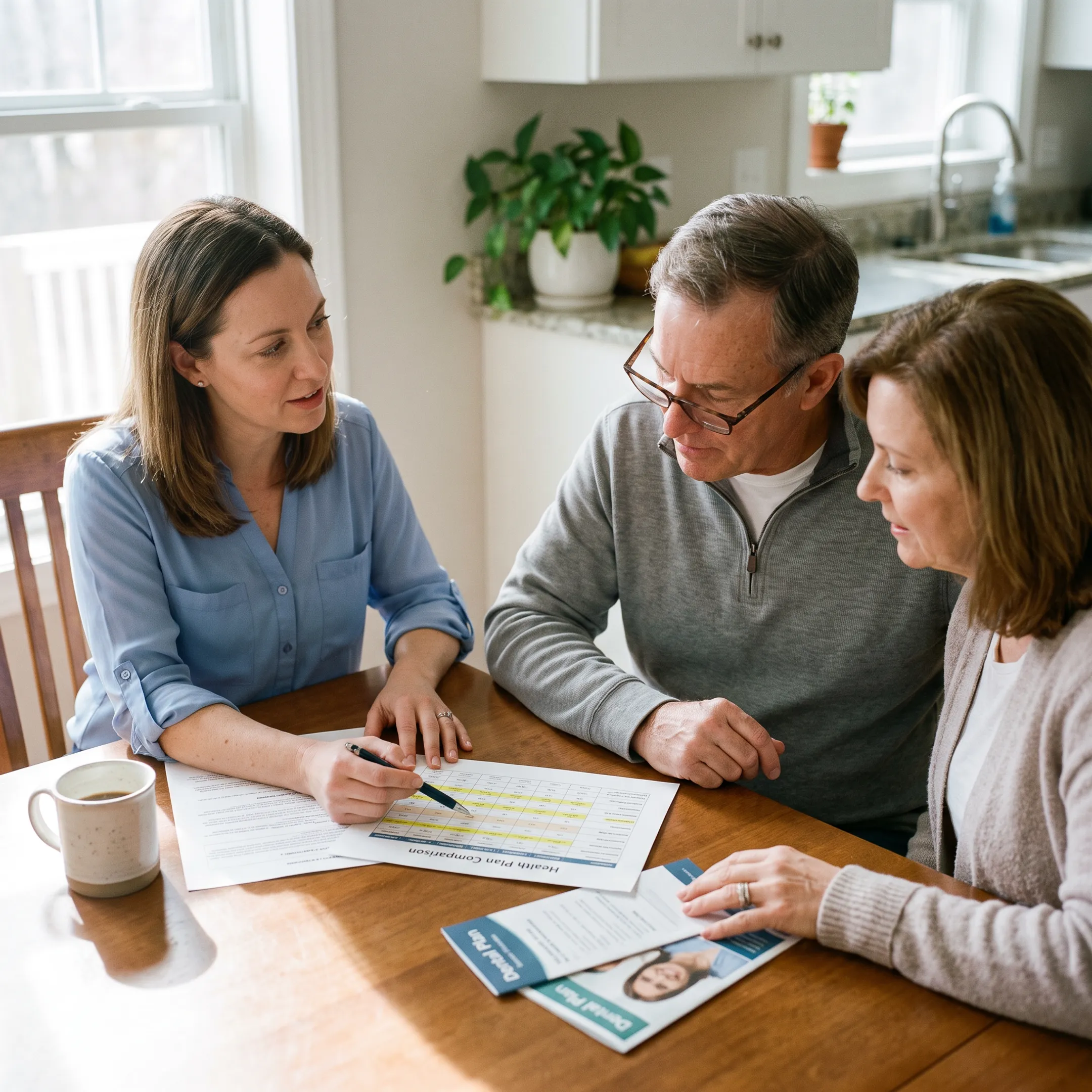 Advisor explaining health and dental insurance options to a couple