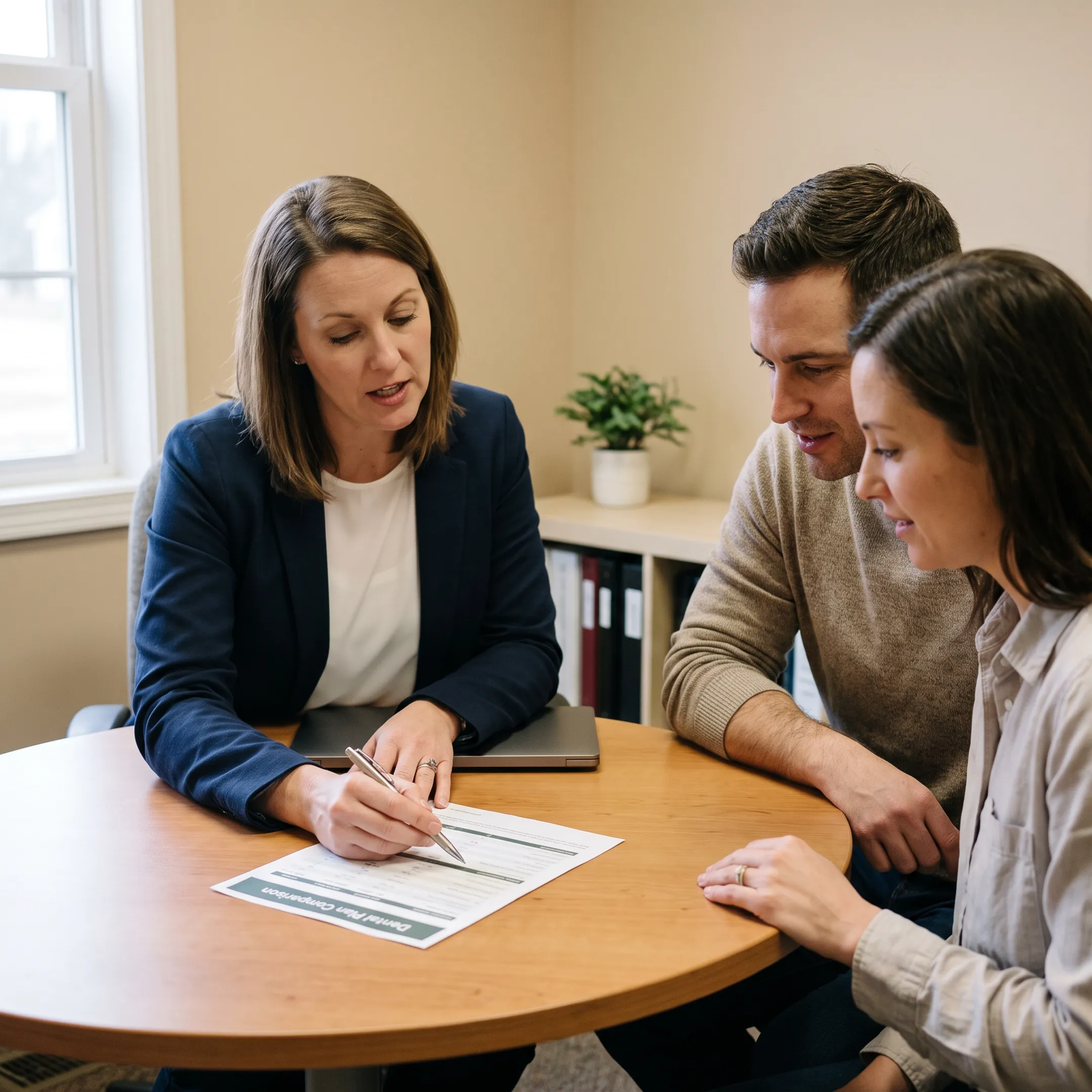 Advisor explaining dental insurance coverage options to a family