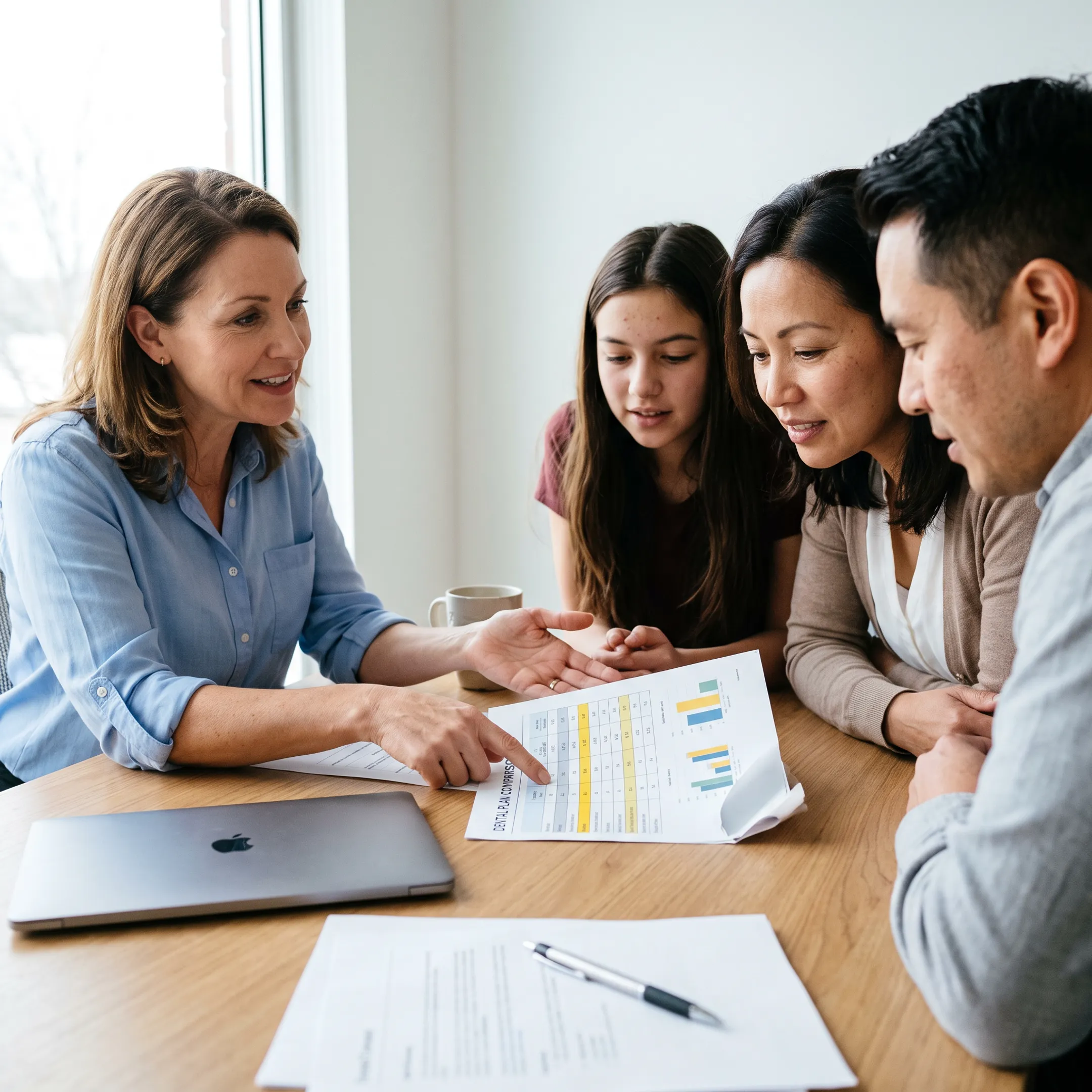Advisor explaining dental insurance options to a Louisiana family