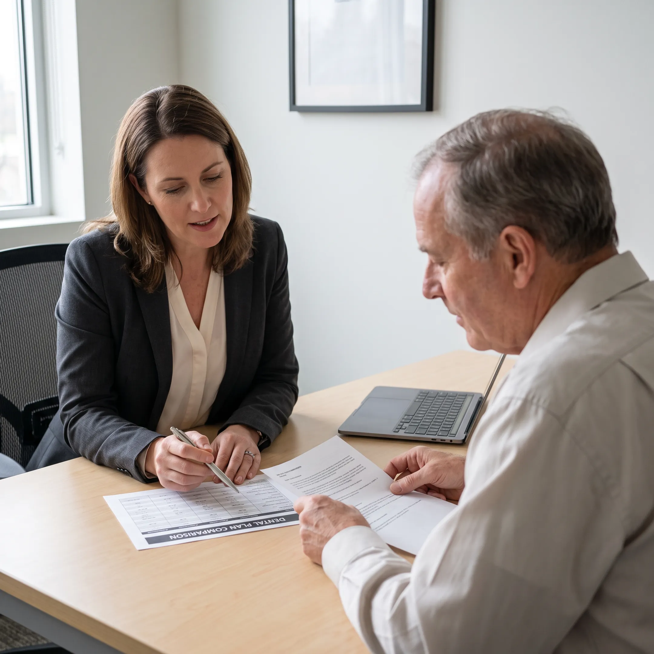 Insurance advisor comparing dental plan documents