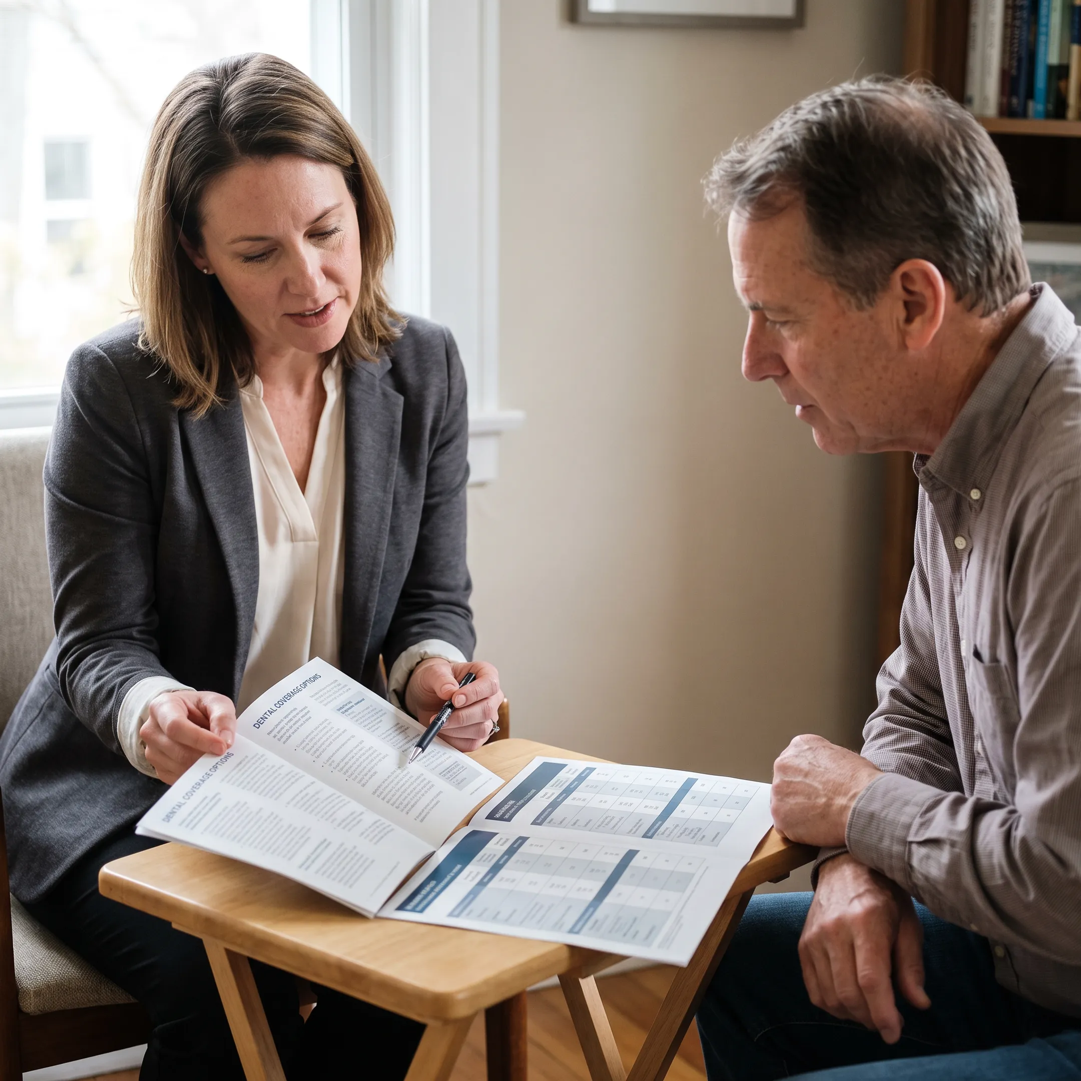 Customer comparing dental insurance plan documents with an advisor