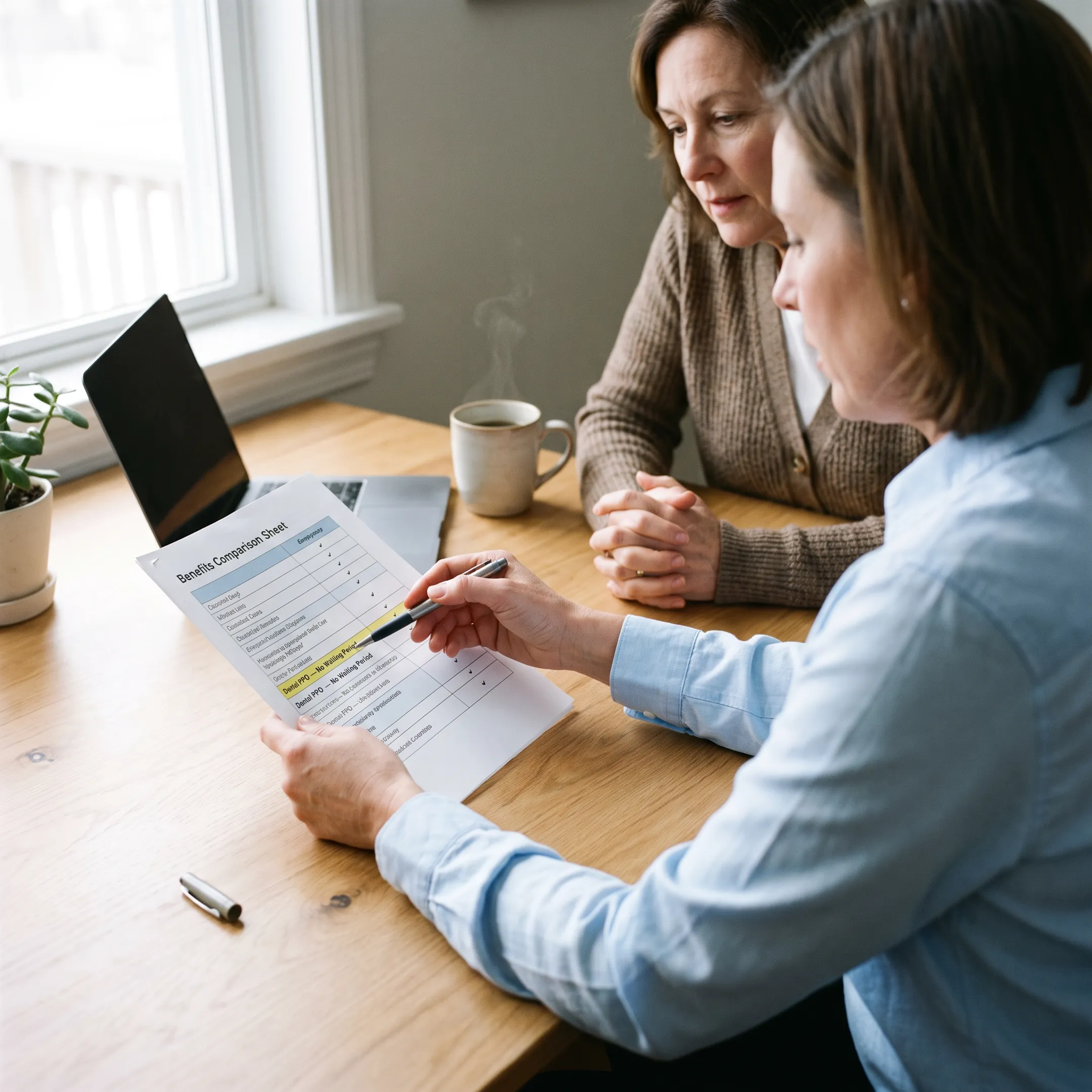Advisor explaining no-wait dental insurance coverage
